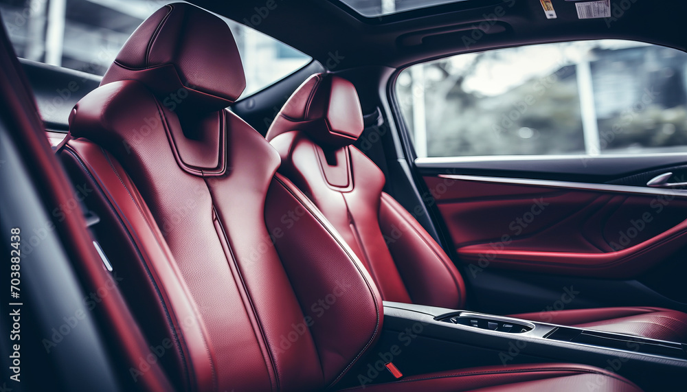 Front leather red seats of modern luxury car close up
