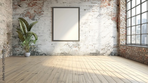 Empty Cream-coloured room with large brick wall  big frame on the wall  maple floor