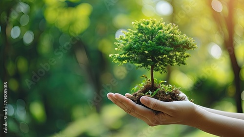 Hand holding little green tree. Ecology, world sustainability concept. Renewable resources. Environment Earth Day. Copy space.