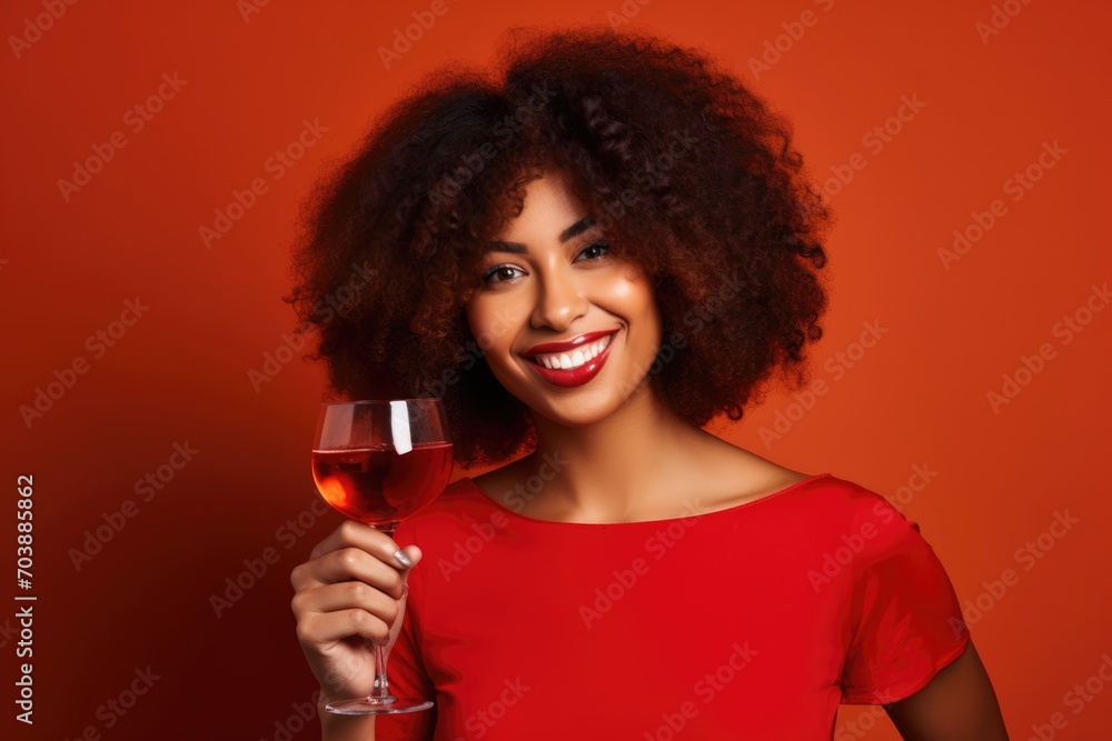 Black History Month, Young african american girl happy positive smile drink alcohol party on red background Black History Month, Young african american girl happy positive smile drink alcohol party on red background