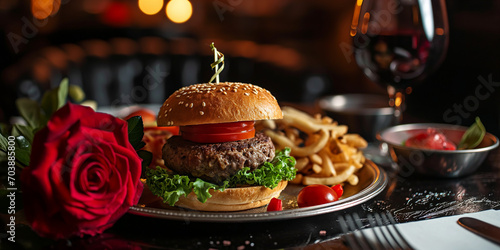 Burger am schönen gedeckten Tisch mit einer Rose, ai generativ 