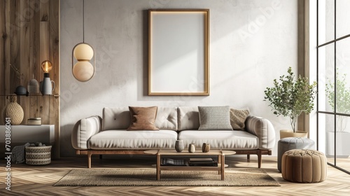 Interior Living Room Mockup: Poster Frame on Parquet Floor with Decorative Vase and Tree Branch Illustration © AIGen