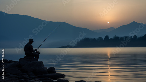 Fishing Serenity: A Silhouetted Man Casting Dreams at Sunset