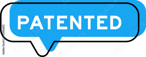 Speech banner and blue shade with word patented on white background