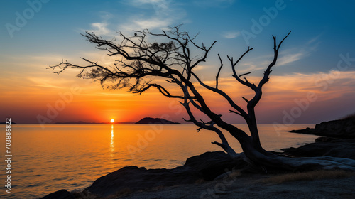 Twilight Remnants: Silhouette of a Dead Tree against Seaside Sunset