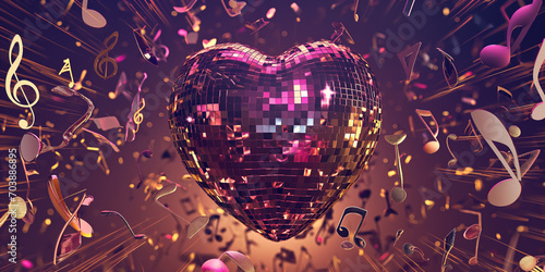 Buntes leuchtendes Disco Herz als Hintergrundmotiv im Querformat für Banner, ai generativ