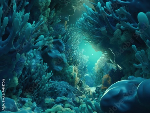 3D Render Abstract Background in a Mysterious Underwater Cave With a Cool Blue and Green Color Palette