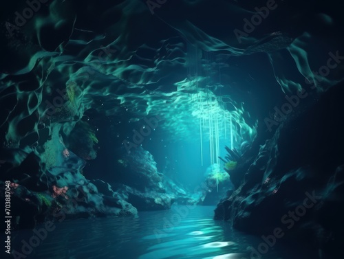 3D Render Abstract Background in a Mysterious Underwater Cave With a Cool Blue and Green Color Palette