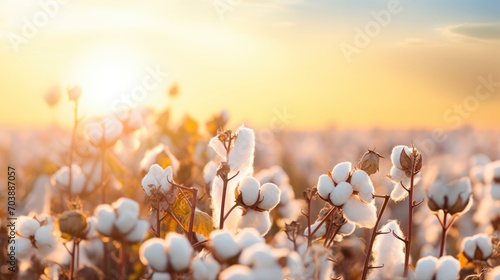 Cotton branches in field at sunset. Beautiful natural bokeh background, lush cotton flowers in soft sunlight. Cotton harvest for textile production, agricultural crop photo