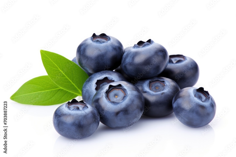 Fresh ripe blueberries with green leaves on a white background with shadow. Healthy organic blueberry, antioxidant