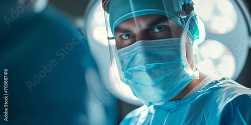 Arzt Mann Gesicht mit Schutschirm und Maske und OP Lichter im Hintergrund Nahaufnahme, ai generativ photo