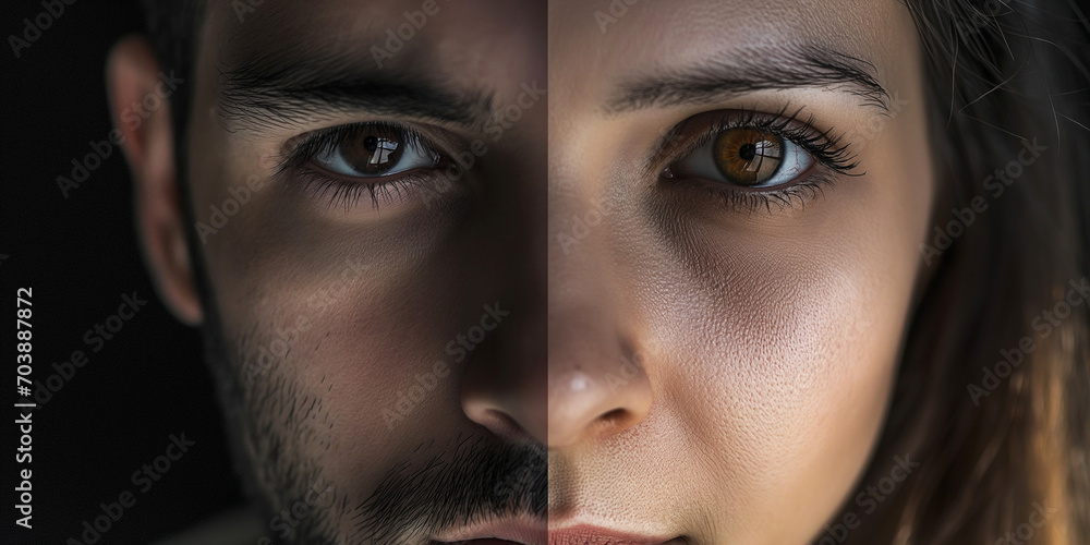 Halbes Gesicht einer Frau und Mann geteilt als Paar oder Vorher und Nachher Nahaufnahme, ai generativ Halbes Gesicht einer Frau und Mann geteilt als Paar oder Vorher und Nachher Nahaufnahme, ai generativ