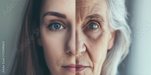 Halbes Gesicht einer Frau jung und alt geteilt als Vorher und Nachher Nahaufnahme, ai generativ photo