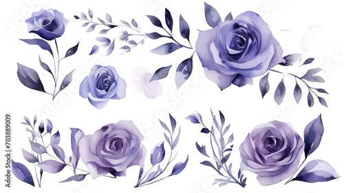 Watercolor elements are purple, blue roses, and flowers on a white background
