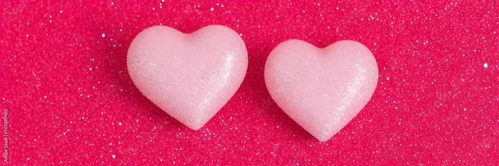 Obraz premium Pink hearts on a glittering background. Isolated pink hearts on red backdrop banner. Love symbol.