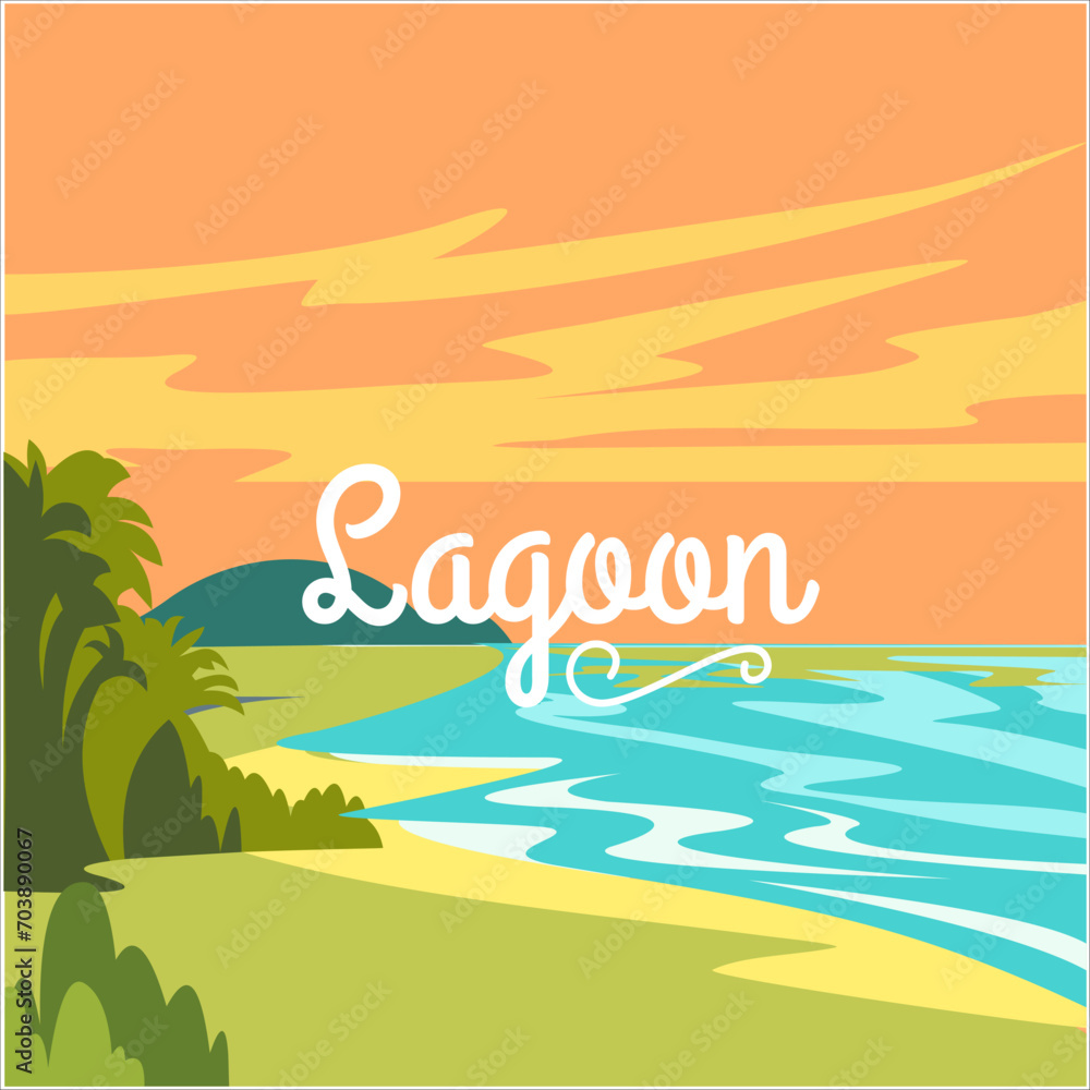Tropical Lagoon: Minimalist Beach Vector Illustration with Flat Design, Gradient Summer Tones, and Retro Palms. Perfect for Splash Screens, Summer Backgrounds, and Vacation-themed Designs