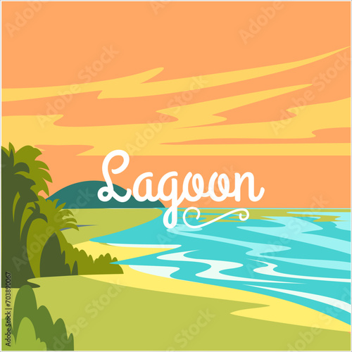 Tropical Lagoon  Minimalist Beach Vector Illustration with Flat Design  Gradient Summer Tones  and Retro Palms. Perfect for Splash Screens  Summer Backgrounds  and Vacation-themed Designs