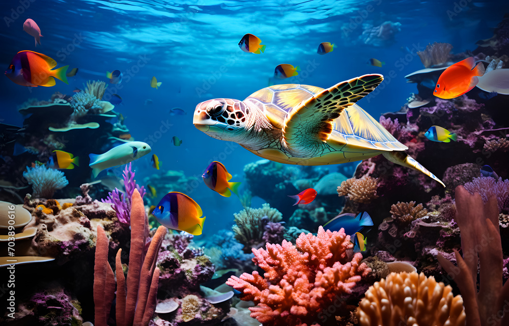 Fototapeta premium Turtle swimming in the sea background. Beautiful underwater world with corals and tropical fish. underwater background