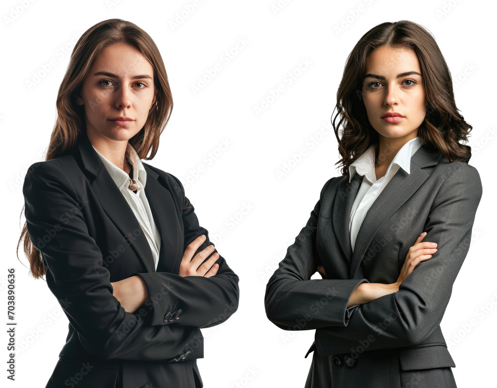 Portrait business woman in suit, crossed arms isolated on white or transparent background.
