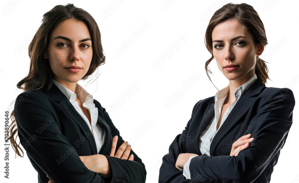 Portrait business woman in suit, crossed arms isolated on white or transparent background. Portrait business woman in suit, crossed arms isolated on white or transparent background.