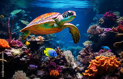 Turtle swimming in the sea background. Beautiful underwater world with corals and tropical fish. underwater background