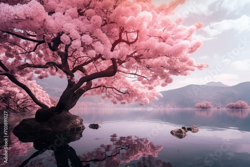 Pink sakura on the island near the lake  image made with generative ai technology.