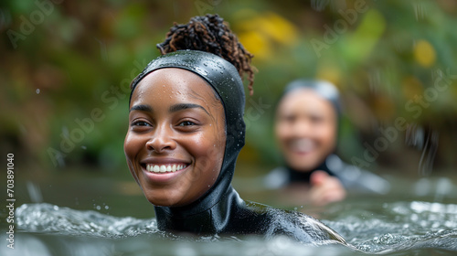 Black african american friends exercising  cold water swimming  