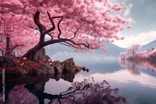 Pink sakura on the island near the lake, image made with generative ai technology.