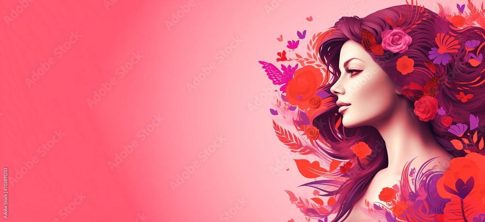 Illustration of a young woman in flowers on a pink background, Womens Day Illustration of a young woman in flowers on a pink background, Womens Day