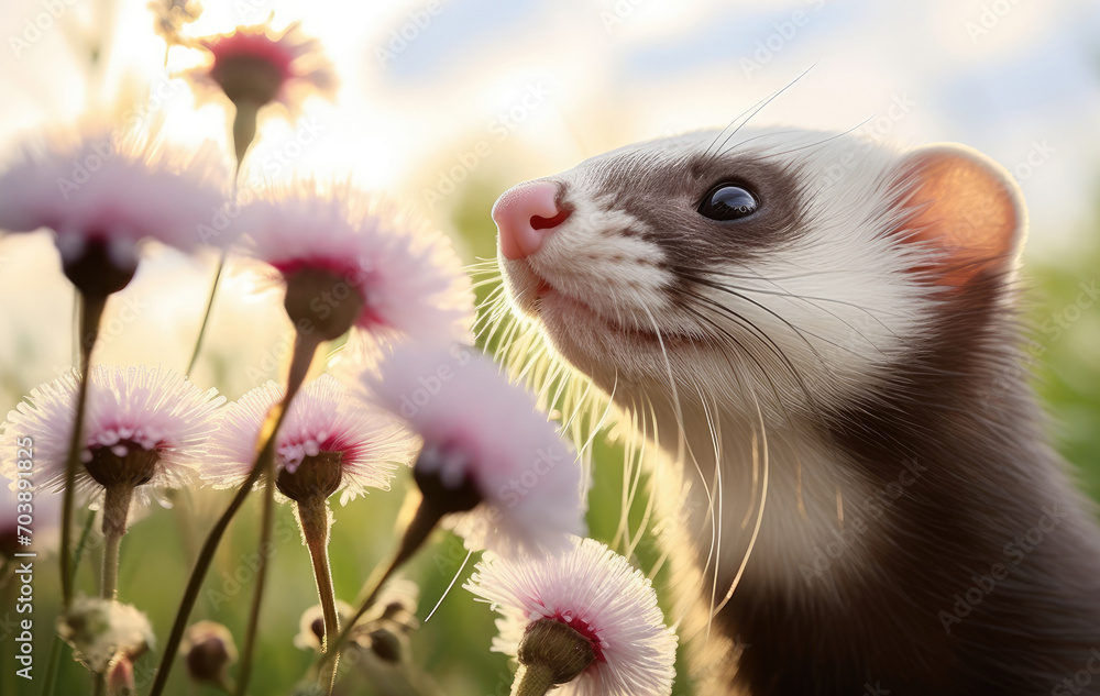 home ferret outside with dendelion flower home ferret outside with dendelion flower