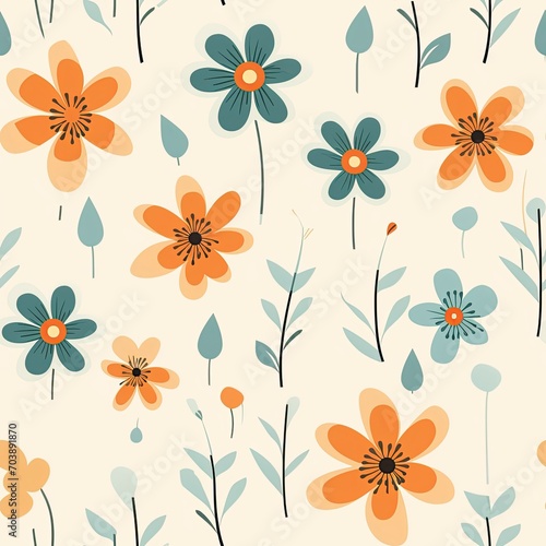 seamless pattern. Groovy flowers  hippie aesthetic.Seamless vintage retro pattern with flowers  leaves  twigs and other elements of nature in light beige shades.Psychedelic wallpaper. 
