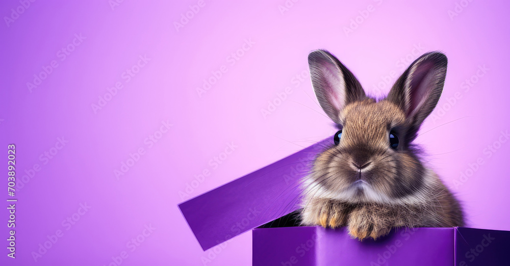 Obraz premium decorative bunny, rabbit sitting ,purple gift box copy space