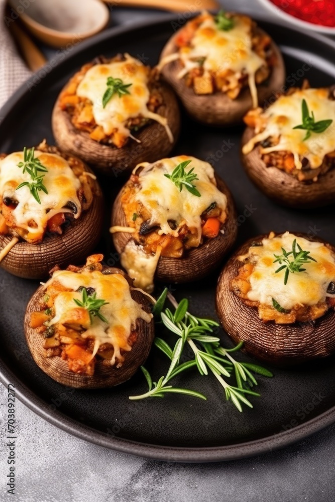 A black plate topped with stuffed mushrooms covered in cheese