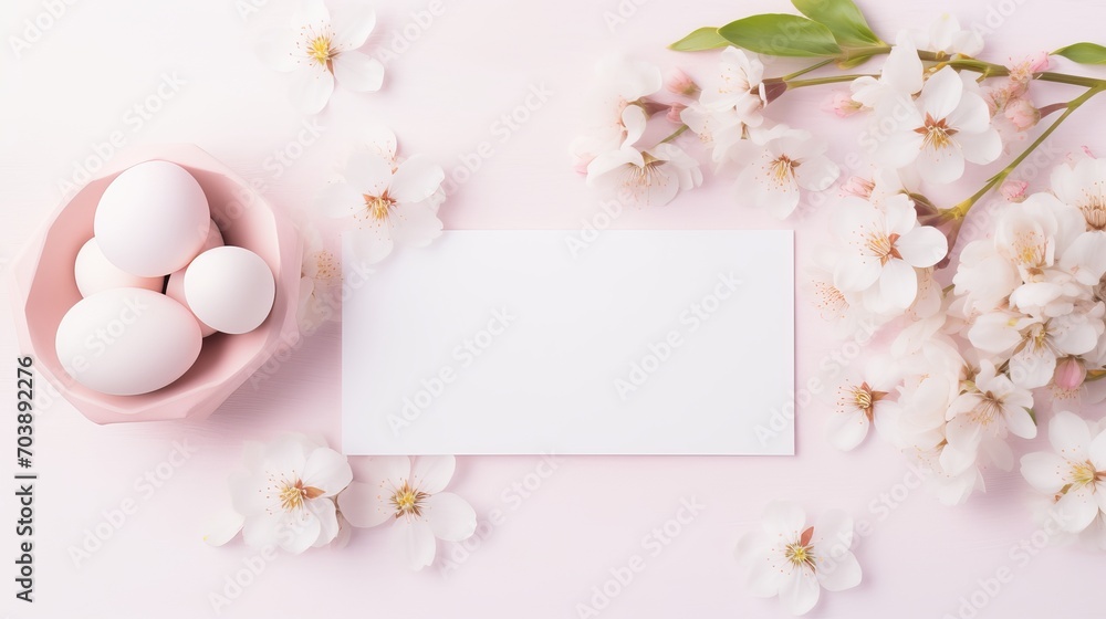 Easter delight: copy space on white background, mockup with pink spring flowers, eggs, and heart elements
