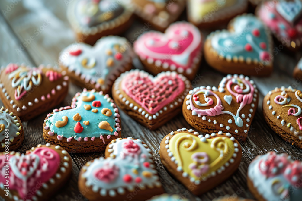 Heart-shaped cookies with playful designs and vibrant colors