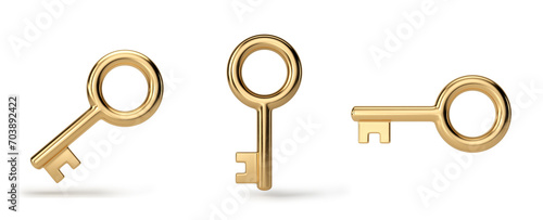Gold keys on a white background. 3D illustration.