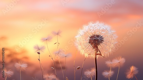 A tranquil and atmospheric photograph capturing the serene beauty of a peach-colored dandelion. Generative AI