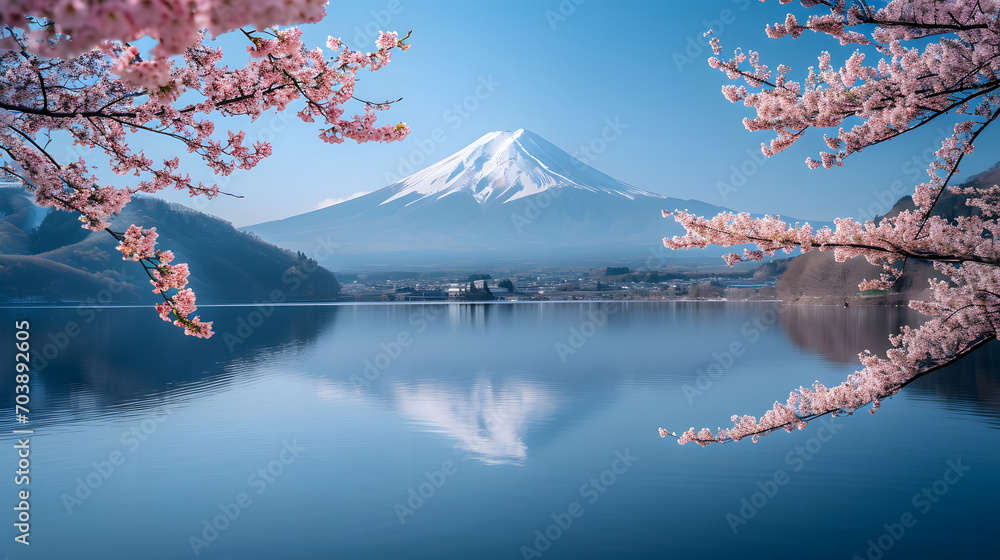 A photo of Mount Fuji, with cherry blossoms