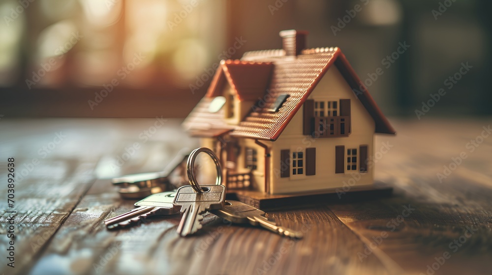 A miniature model of a cozy tiny house with a set of silver keys placed beside it, symbolizing the concept of purchasing a small home or property in the real estate market. - obrazy, fototapety, plakaty 