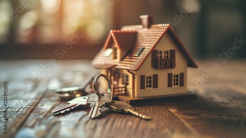 A miniature model of a cozy tiny house with a set of silver keys placed beside it, symbolizing the concept of purchasing a small home or property in the real estate market. photo