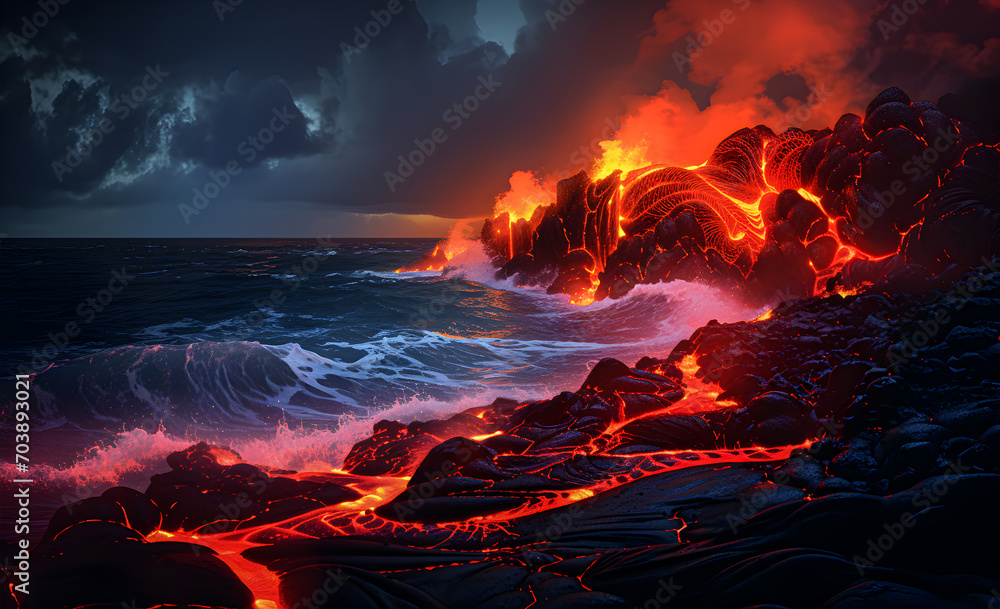 Hot glowing lava approaching the ocean.