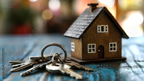 A miniature model of a cozy tiny house with a set of silver keys placed beside it, symbolizing the concept of purchasing a small home or property in the real estate market. © TensorSpark