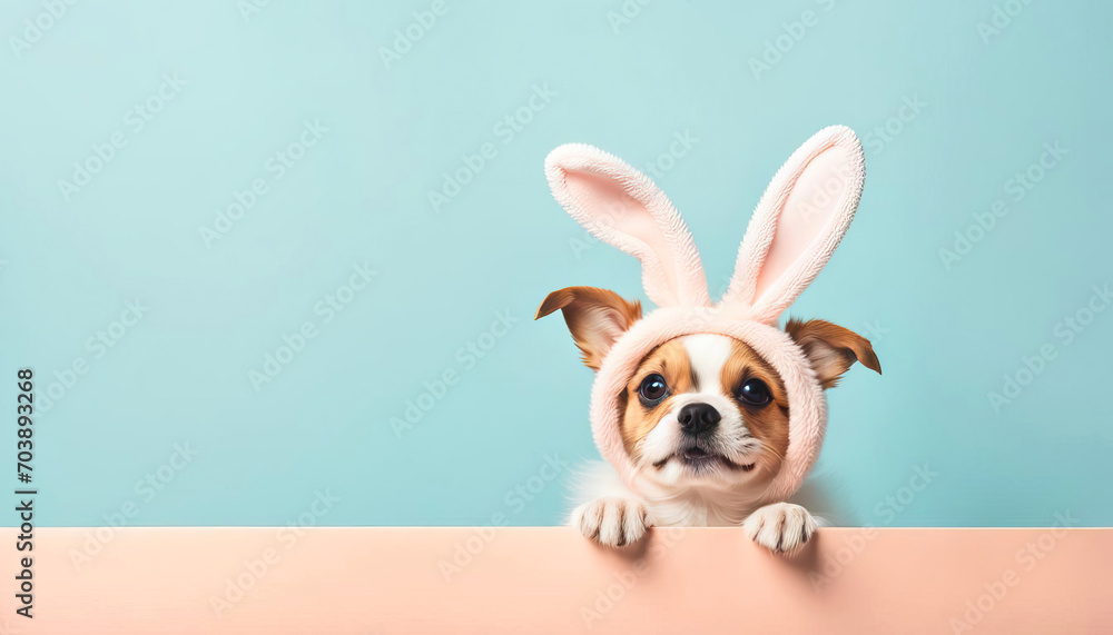 Cute little dog with easter bunny ears and copy space