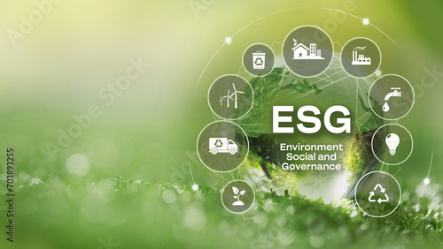 ESG environmental social governance investment business concept. ESG icons. Business investment strategy concept. Digital icons photo