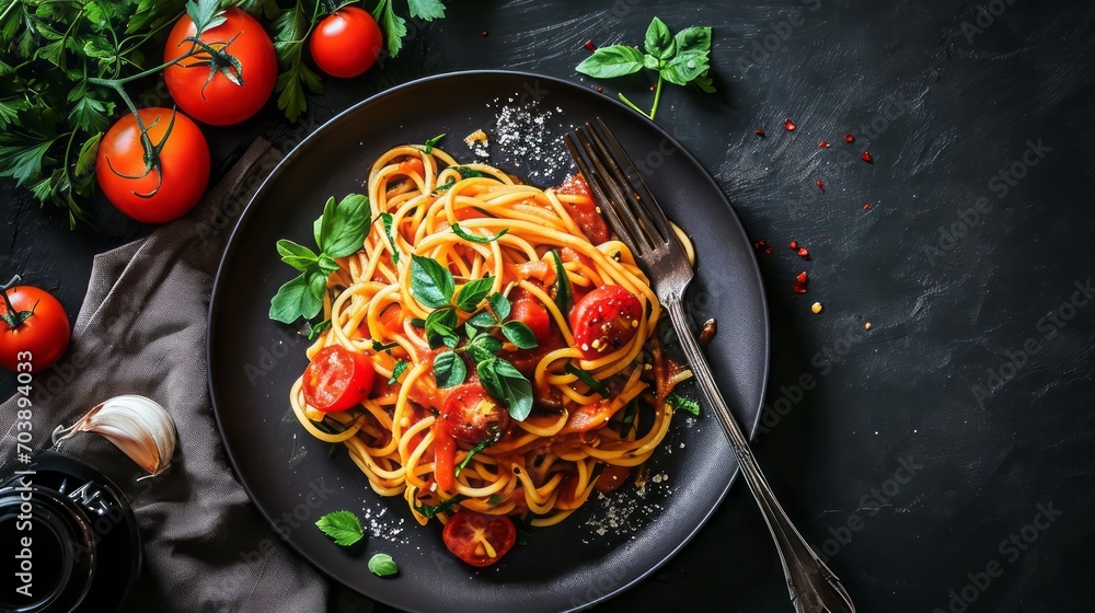 Delicious spaghetti with tomato sauce in a black plate on a black table For use as a menu in restaurants or use as a background for food items Delicious spaghetti with tomato sauce in a black plate on a black table For use as a menu in restaurants or use as a background for food items