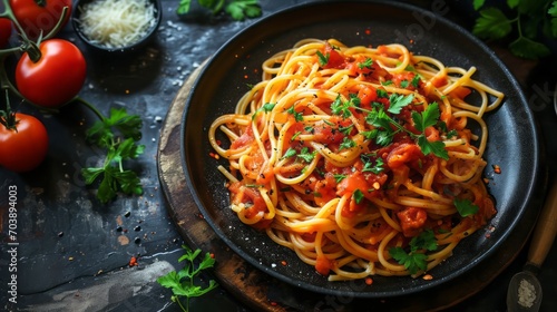 Delicious spaghetti with tomato sauce in a black plate on a black table For use as a menu in restaurants or use as a background for food items