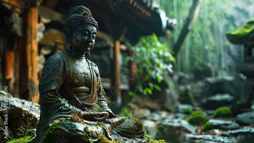 Slow motion hindu ancient religious buddha statue in dense tropical forest jungle. photo