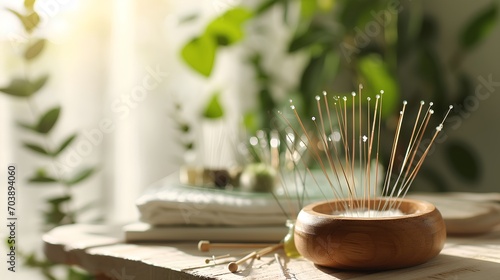 An organized display of various-sized acupuncture needles on a specialized stand, ready for use in traditional Chinese medicine therapy sessions. photo