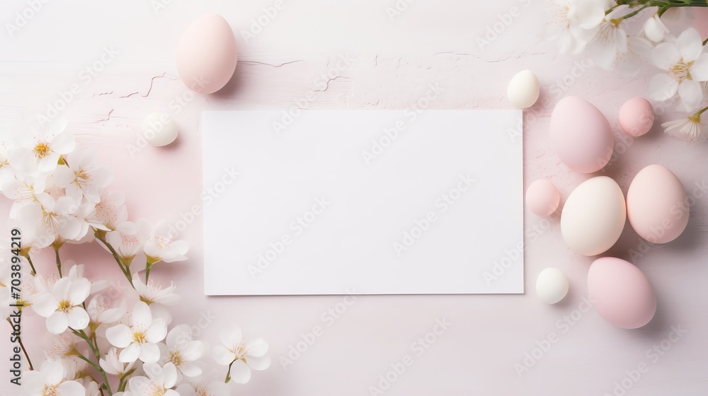 Easter greeting card mockup: pastel pink spring blossoms, eggs, and hearts on white background (top view, copy space)
