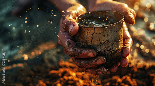 Metal cup with water in hands and dry soil. Drought and water pollution crisis photo